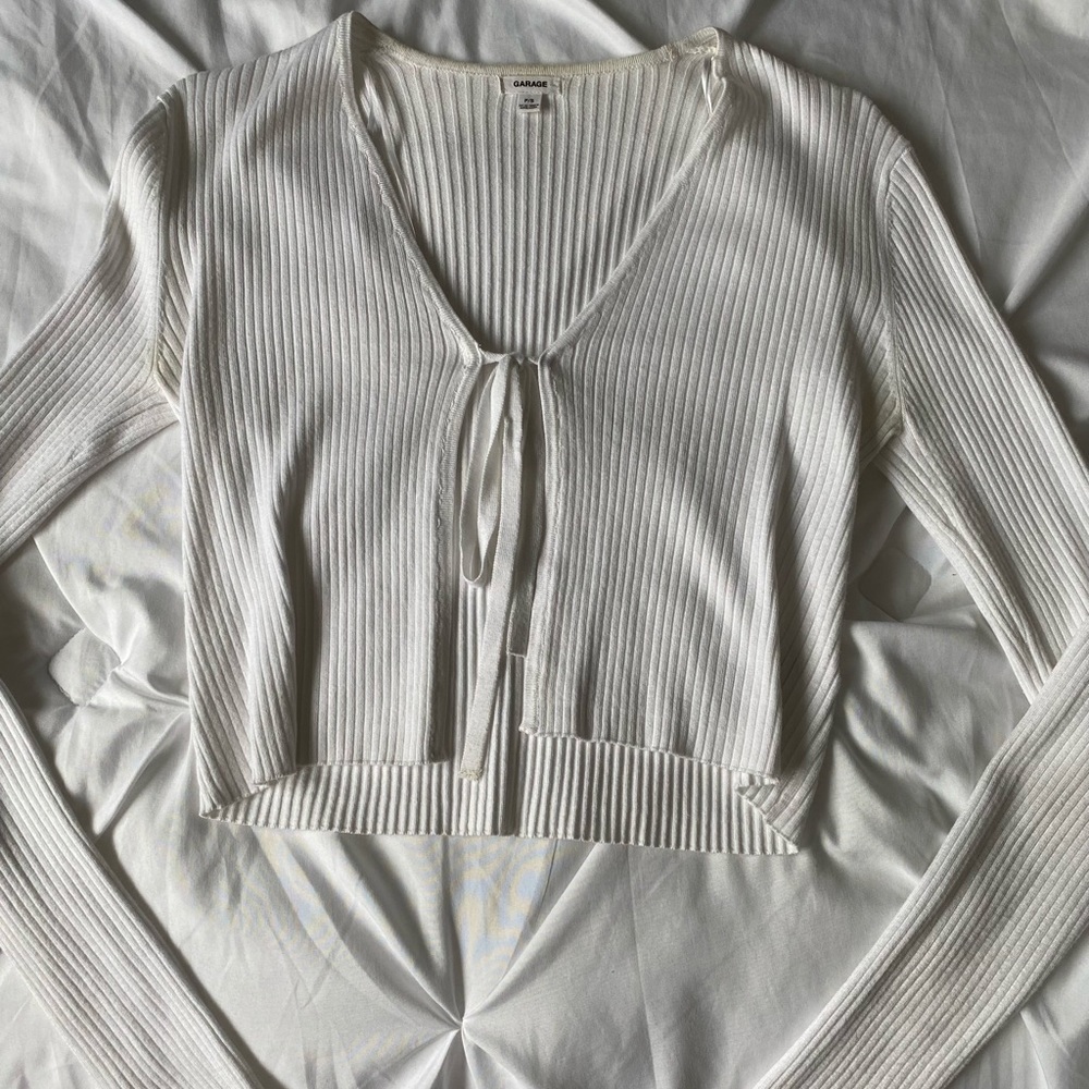 ribbed long sleeve tie front top
